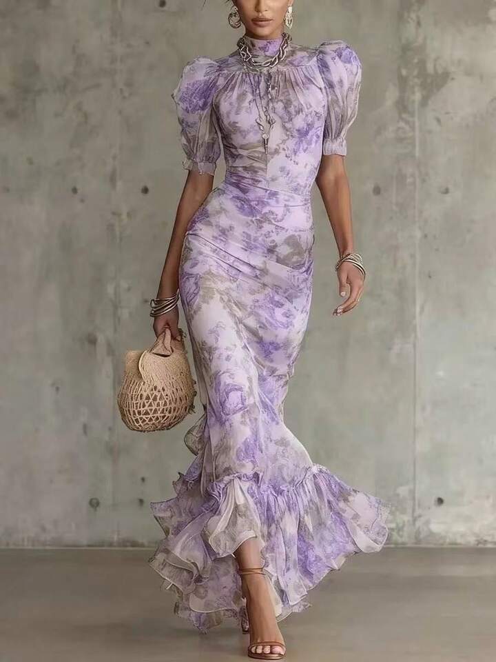 Andrea Vestido con Estampado Floral Vintage Rosa y Mangas Abullonadas (Accesorios no incluidos)
