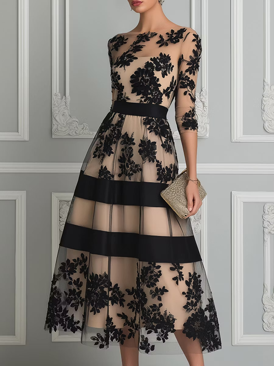 Vestido de corte A, elegante, de encaje negro