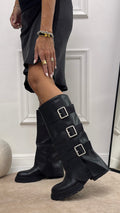 Talia - Bota alta de mujer con hebillas, negra