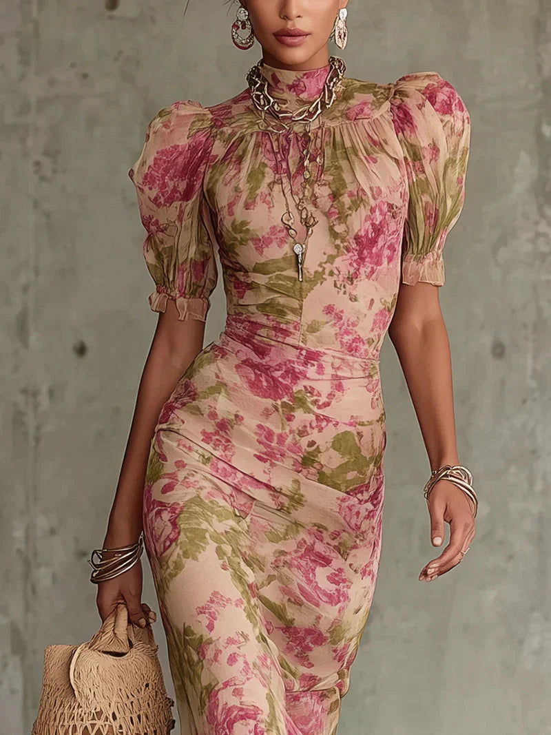 Andrea Vestido con Estampado Floral Vintage Rosa y Mangas Abullonadas (Accesorios no incluidos)
