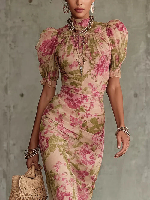 Andrea Vestido con Estampado Floral Vintage Rosa y Mangas Abullonadas (Accesorios no incluidos)