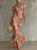 Andrea Vestido con Estampado Floral Vintage Rosa y Mangas Abullonadas (Accesorios no incluidos)