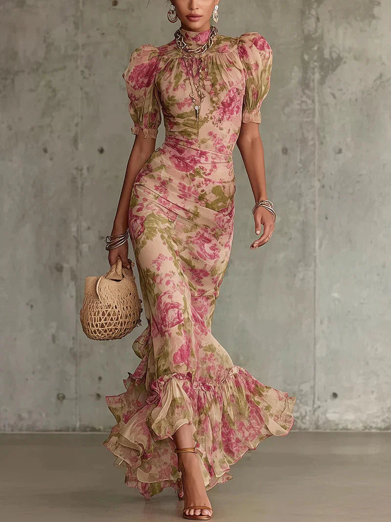 Andrea Vestido con Estampado Floral Vintage Rosa y Mangas Abullonadas (Accesorios no incluidos)