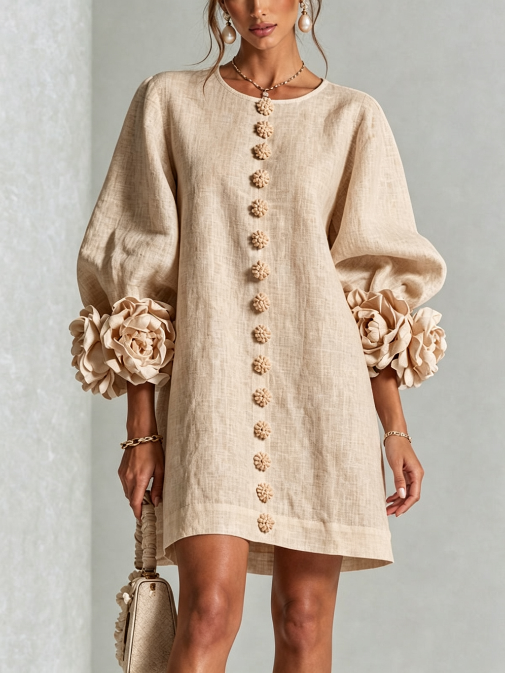 Vestido Beige Con Botones Con Motivos Florales y Mangas Con Estampado Floral Extravagante