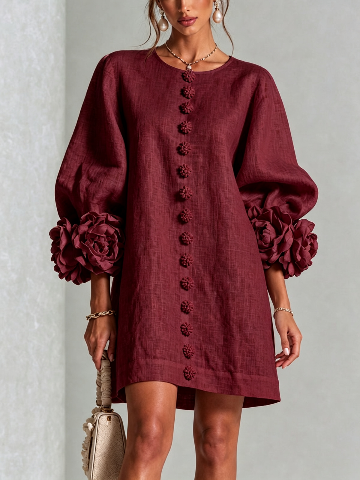 Vestido Blanco Con Botones Con Motivos Florales y Mangas Con Motivos Florales Extravagantes