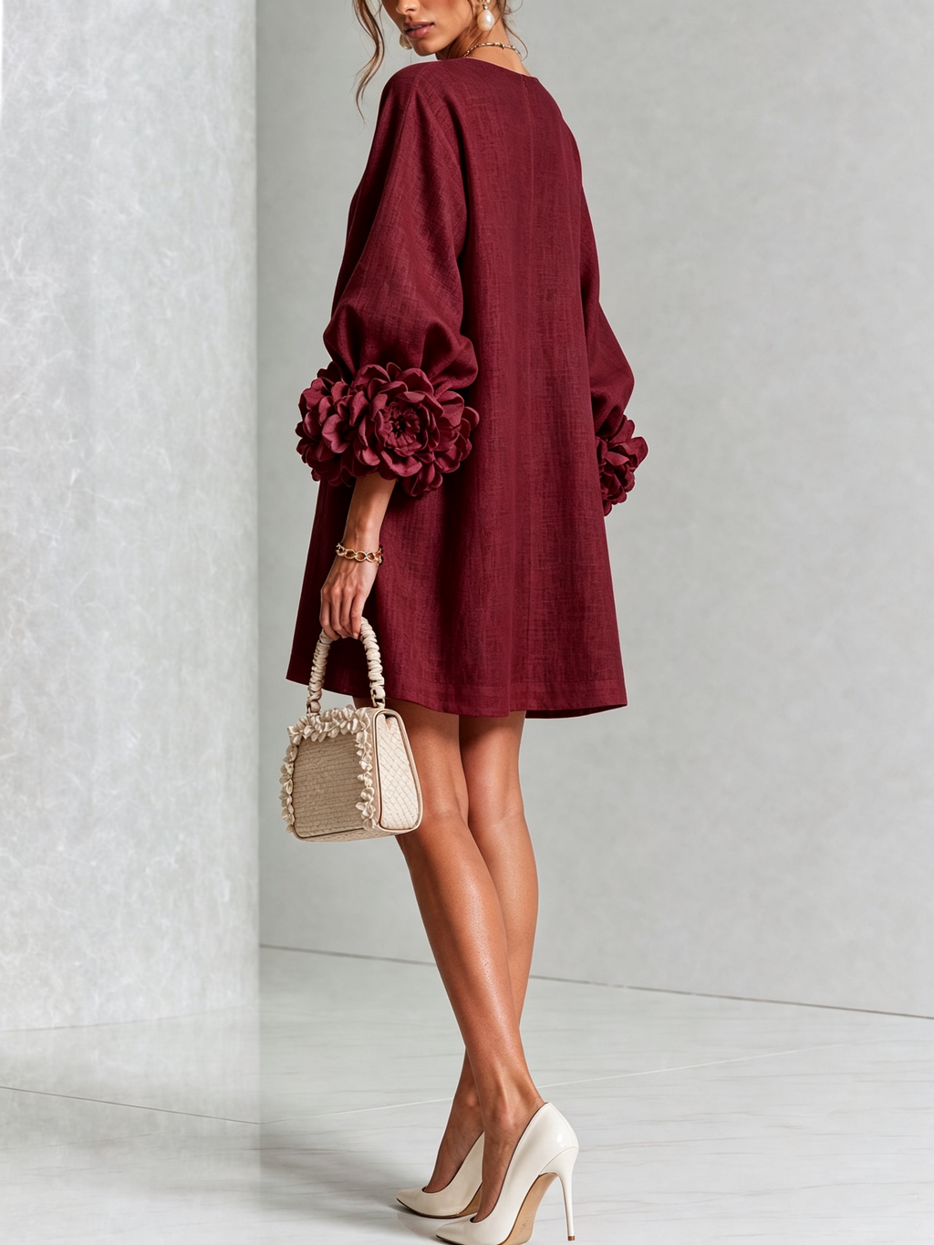Vestido Blanco Con Botones Con Motivos Florales y Mangas Con Motivos Florales Extravagantes