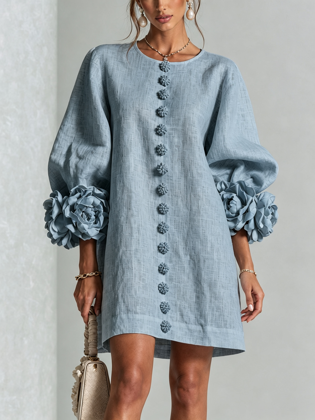 Vestido Azul Empolvado Con Botones Con Motivos Florales y Mangas Con Estampado Floral Extravagante