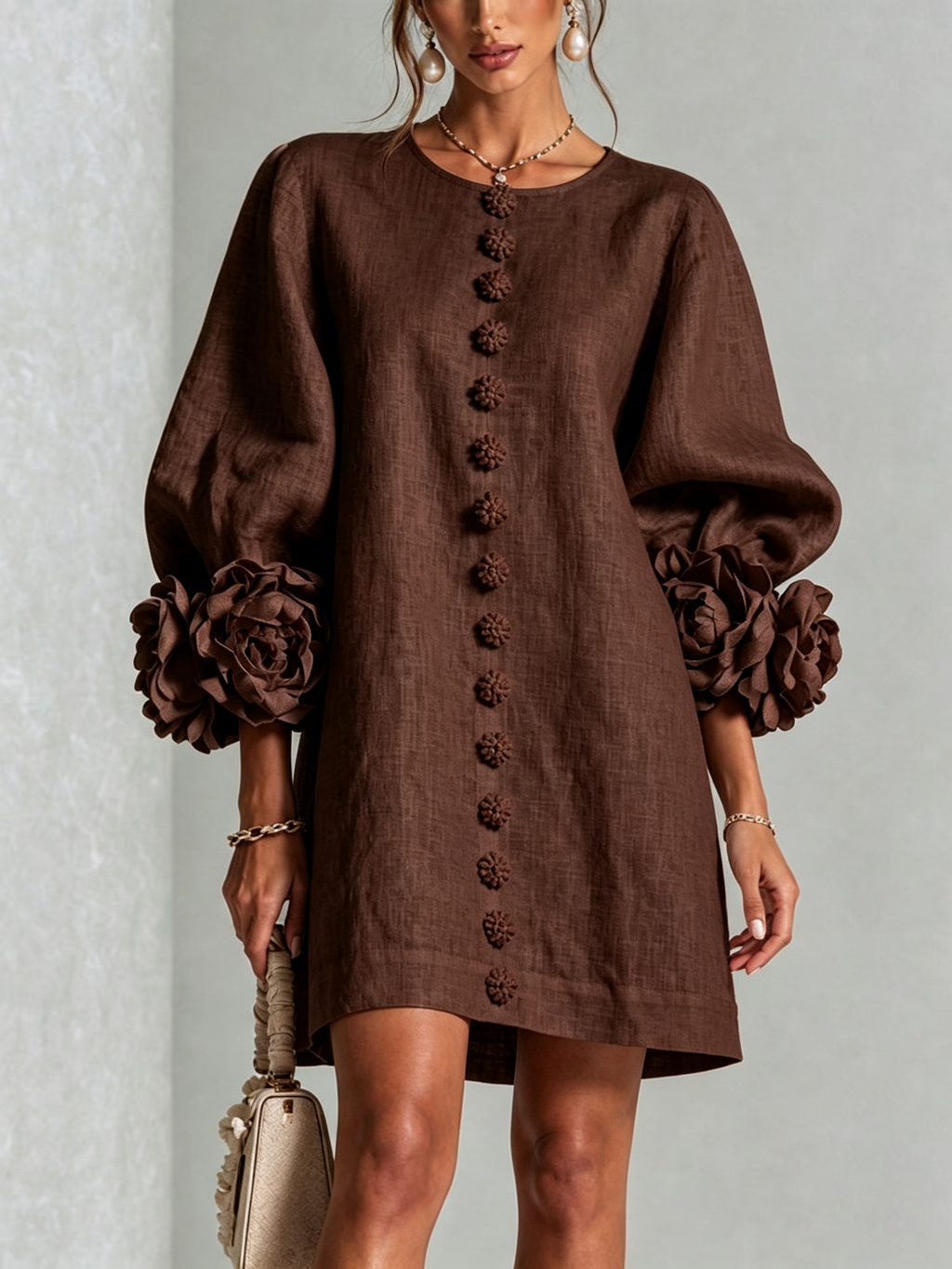 Vestido Marrón Con Botones Con Motivos Florales y Mangas Con Motivos Florales Extravagantes