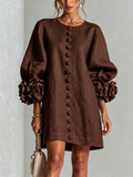 Vestido Marrón Con Botones Con Motivos Florales y Mangas Con Motivos Florales Extravagantes