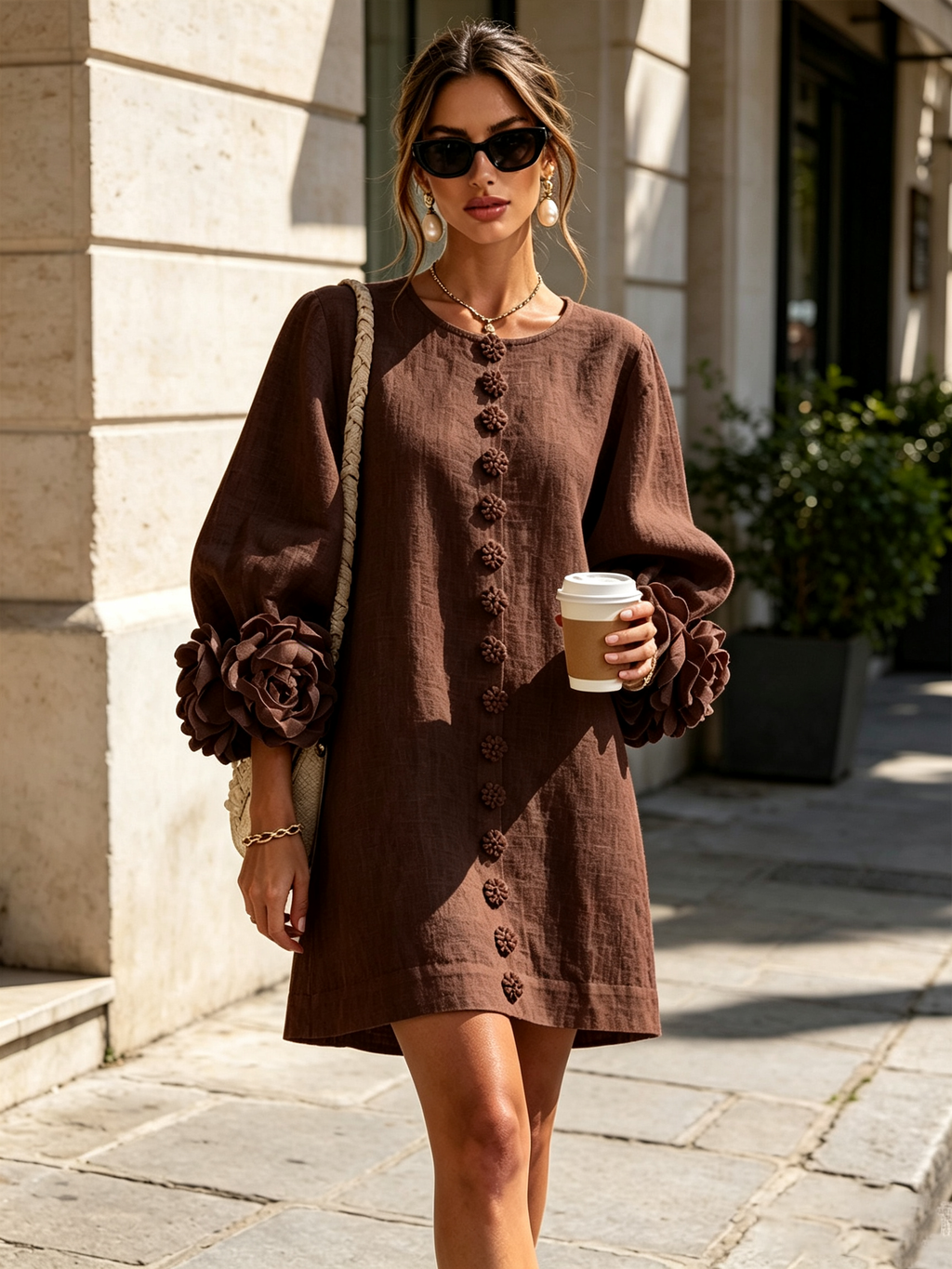 Vestido Marrón Con Botones Con Motivos Florales y Mangas Con Motivos Florales Extravagantes