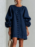 Vestido Azul Marino Con Botones Con Motivos Florales y Mangas Con Motivos Florales Extravagantes