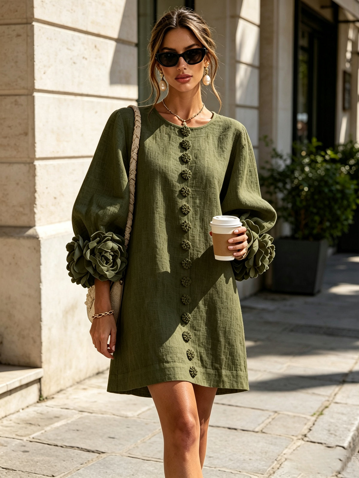 Vestido Tipo Camisa Con Estampado Floral en Verde Oliva y Puños Florales Extravagantes