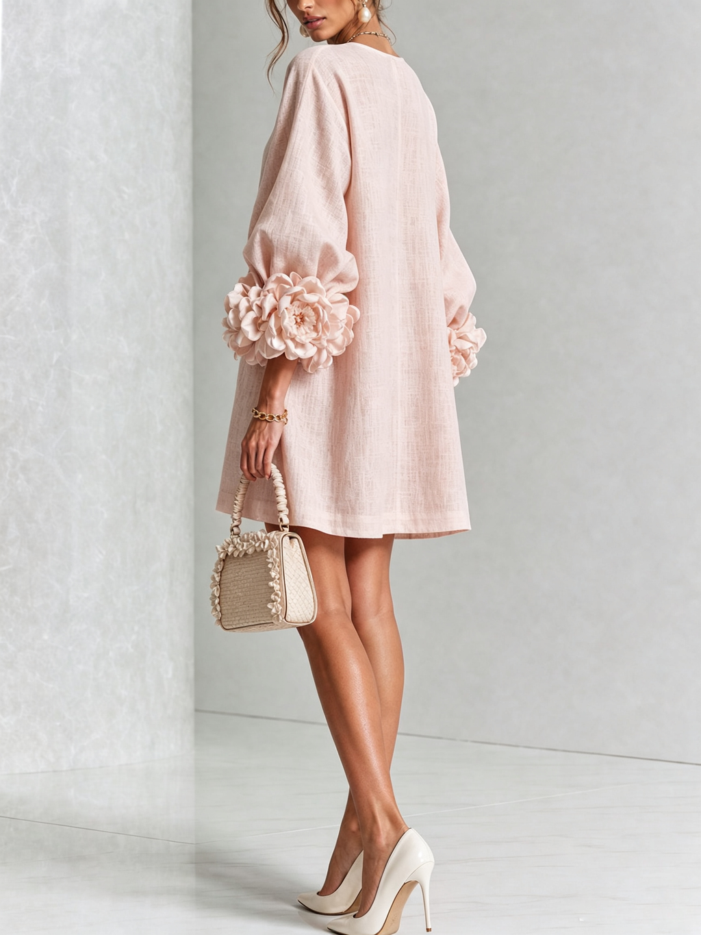 Vestido Rosa Con Estampado Floral y Botones, Con Mangas Florales Sorprendentes