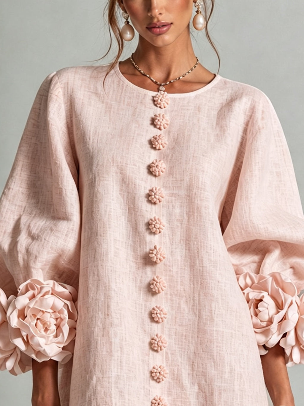 Vestido Rosa Con Estampado Floral y Botones, Con Mangas Florales Sorprendentes