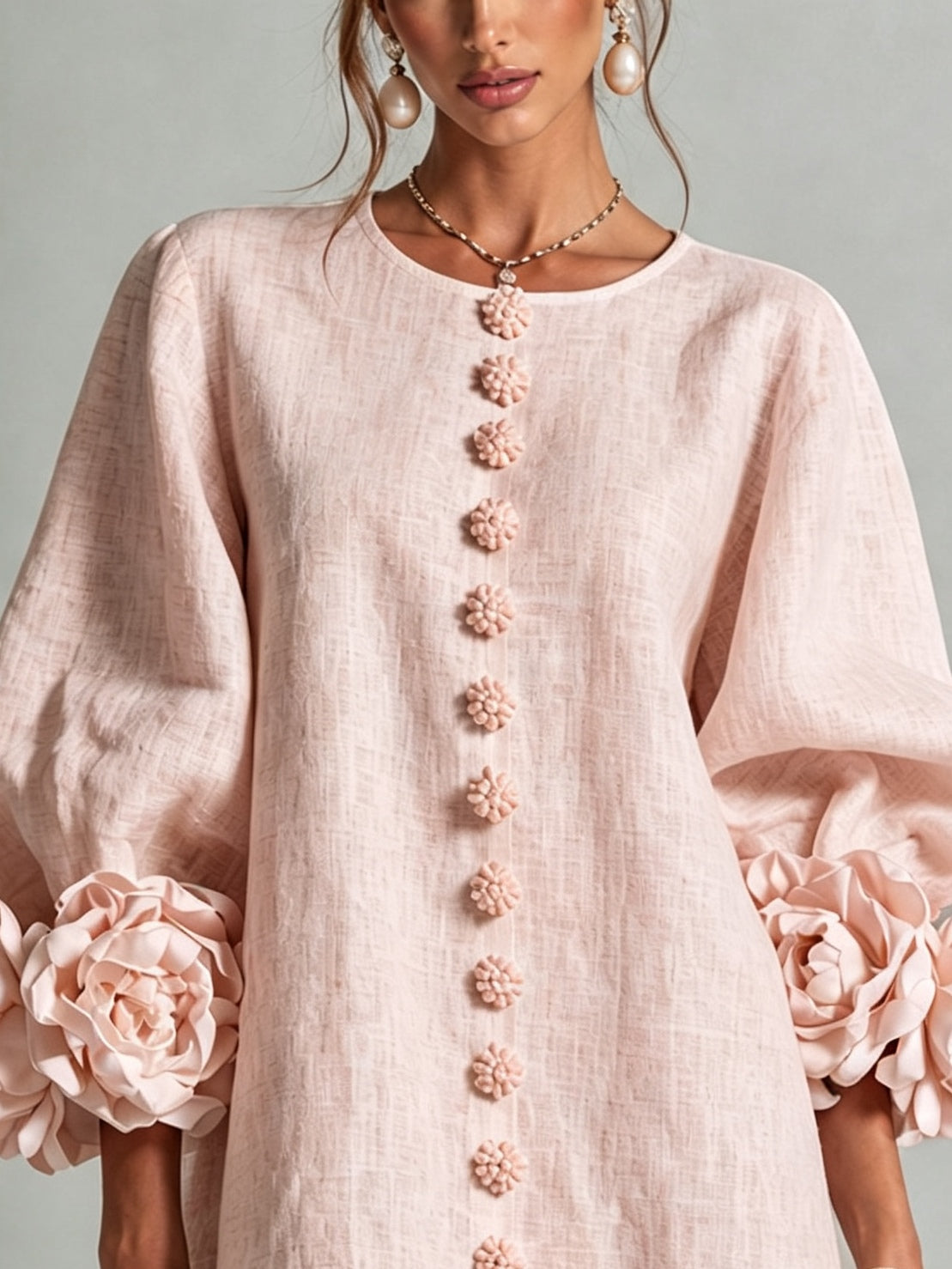 Vestido Rosa Con Estampado Floral y Botones, Con Mangas Florales Sorprendentes