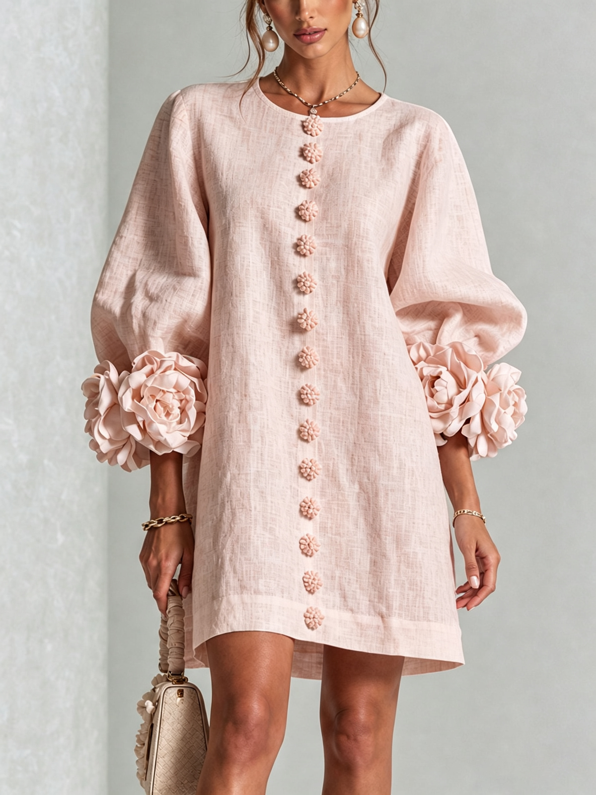 Vestido Rosa Con Estampado Floral y Botones, Con Mangas Florales Sorprendentes