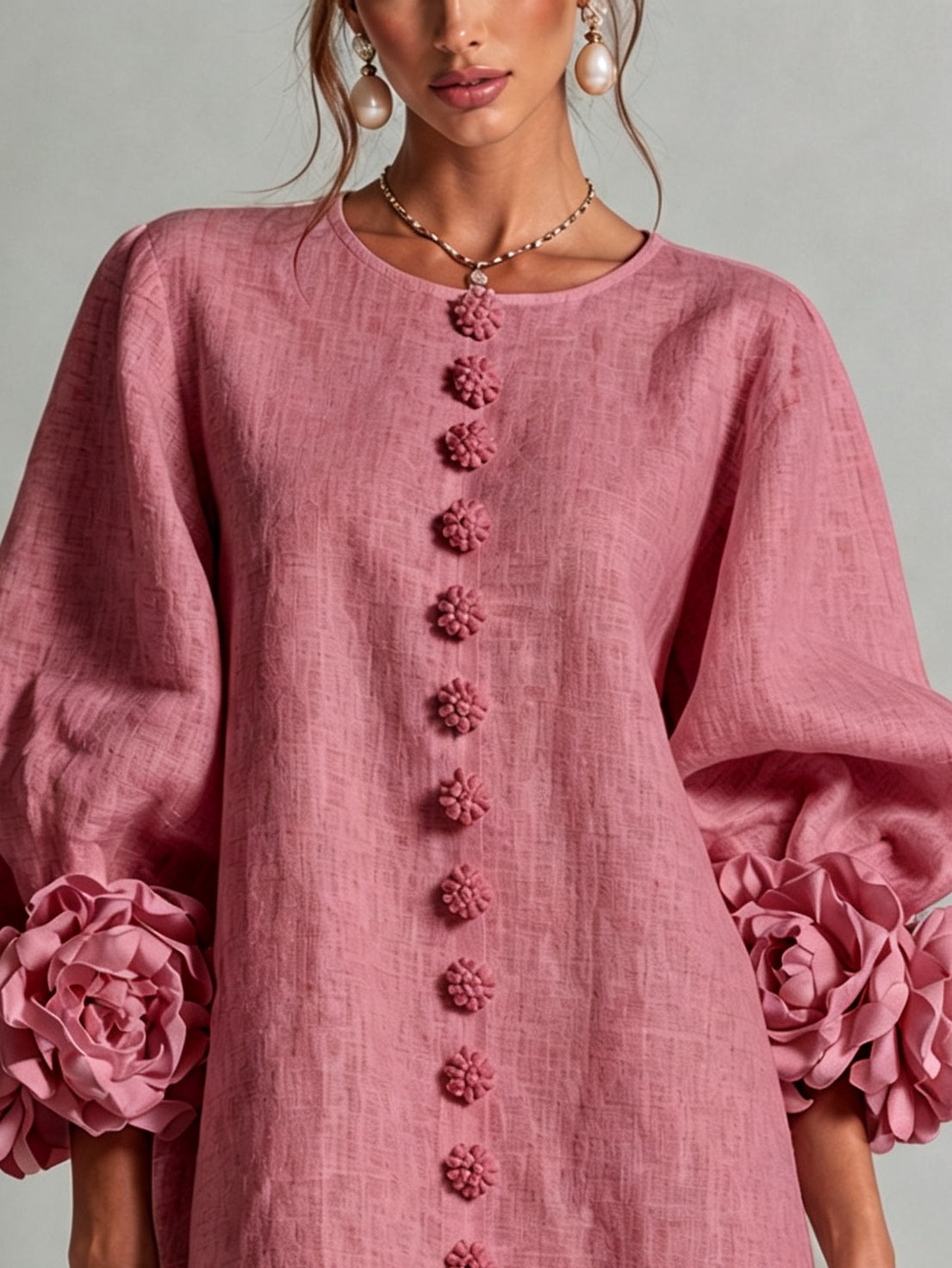 Vestido de Estilo Vintage Con Botones Con Motivos Florales y Mangas Con Extravagantes Motivos Florales