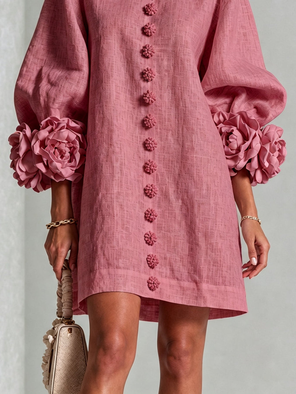 Vestido de Estilo Vintage Con Botones Con Motivos Florales y Mangas Con Extravagantes Motivos Florales