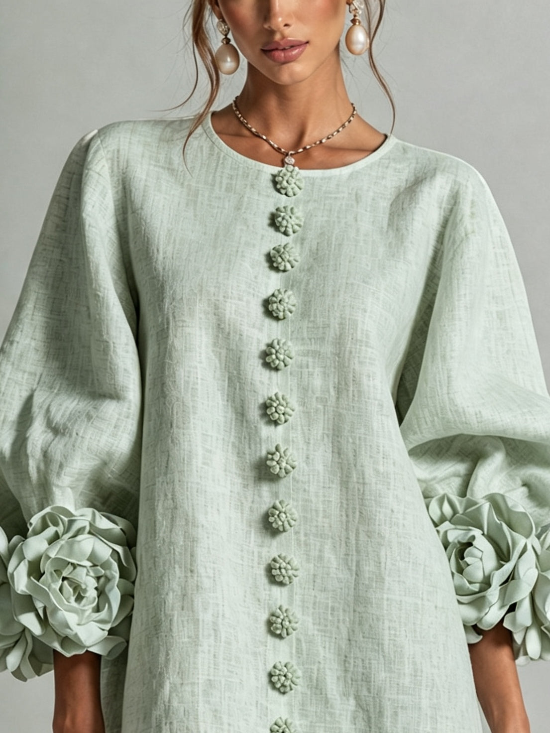 Vestido En Color Verde Con Botones y Mangas Con Estampado Floral Extravagante