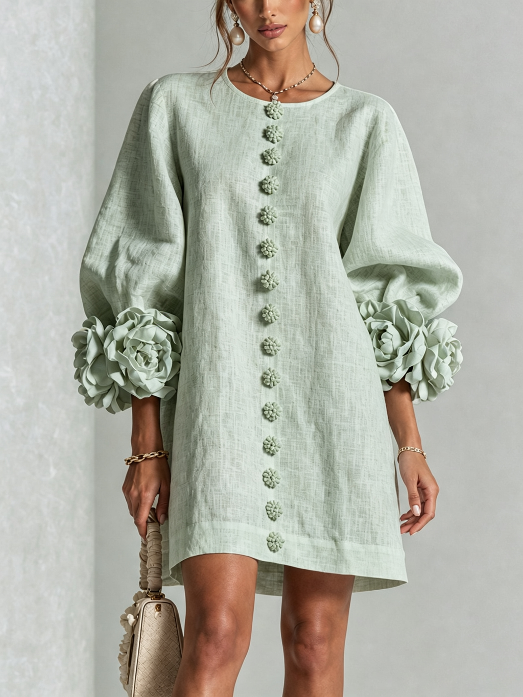 Vestido En Color Verde Con Botones y Mangas Con Estampado Floral Extravagante