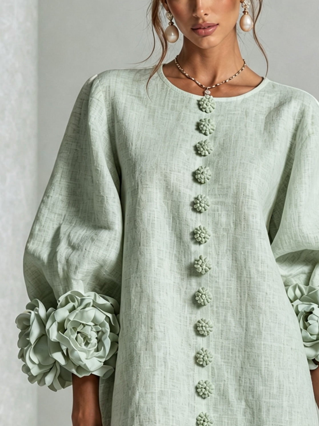 Vestido En Color Verde Con Botones y Mangas Con Estampado Floral Extravagante