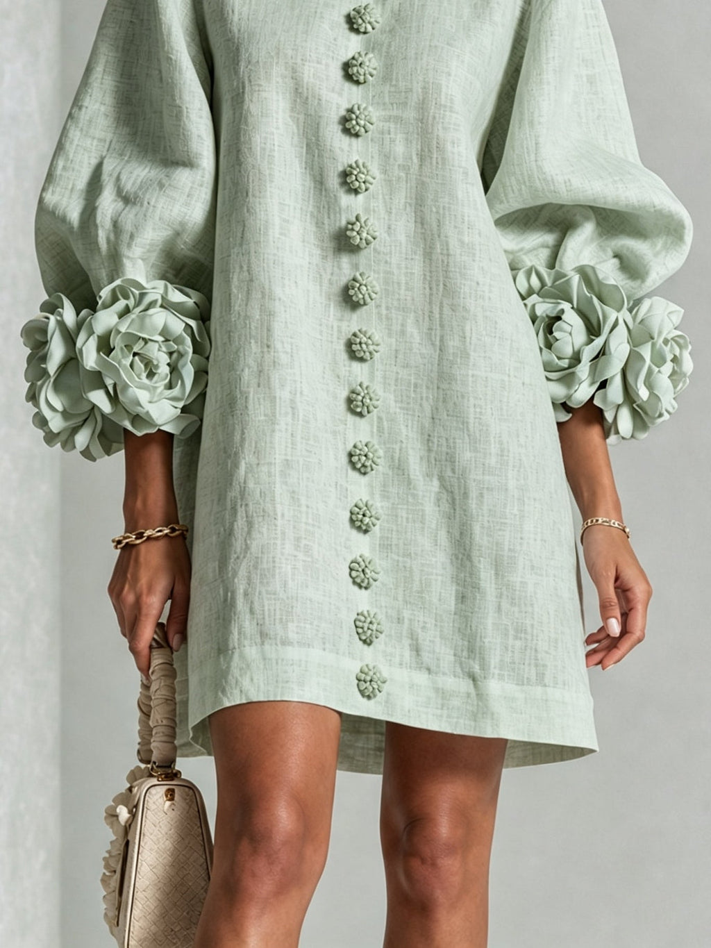 Vestido En Color Verde Con Botones y Mangas Con Estampado Floral Extravagante