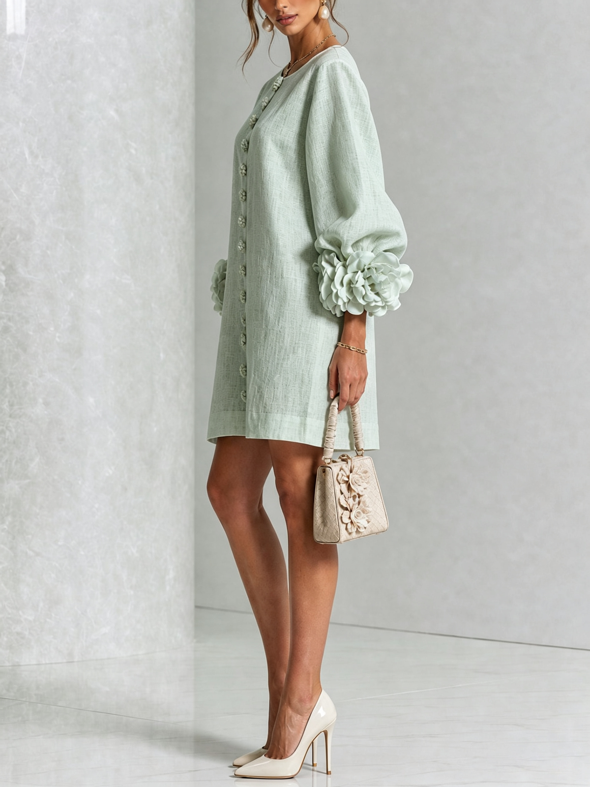 Vestido En Color Verde Con Botones y Mangas Con Estampado Floral Extravagante