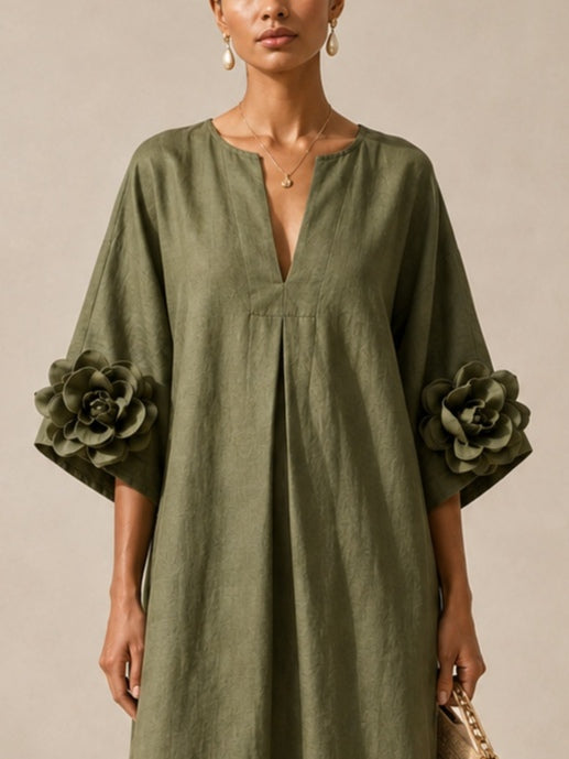 Vestido Verde Oliva Con Escote en V y Mangas Con Estampado Floral Extravagante