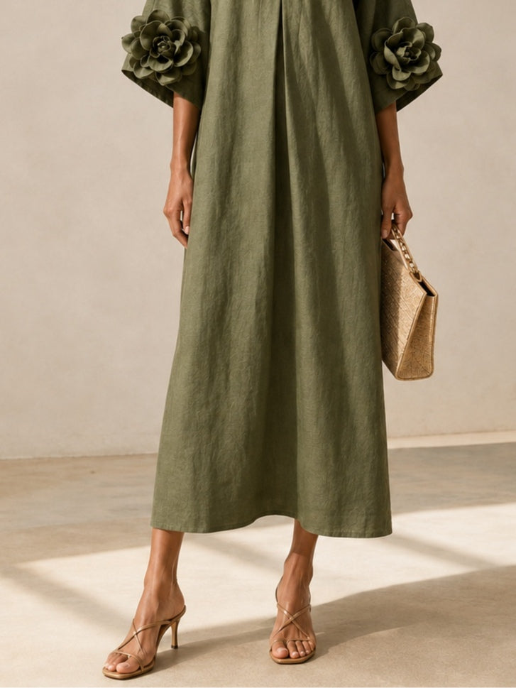 Vestido Verde Oliva Con Escote en V y Mangas Con Estampado Floral Extravagante