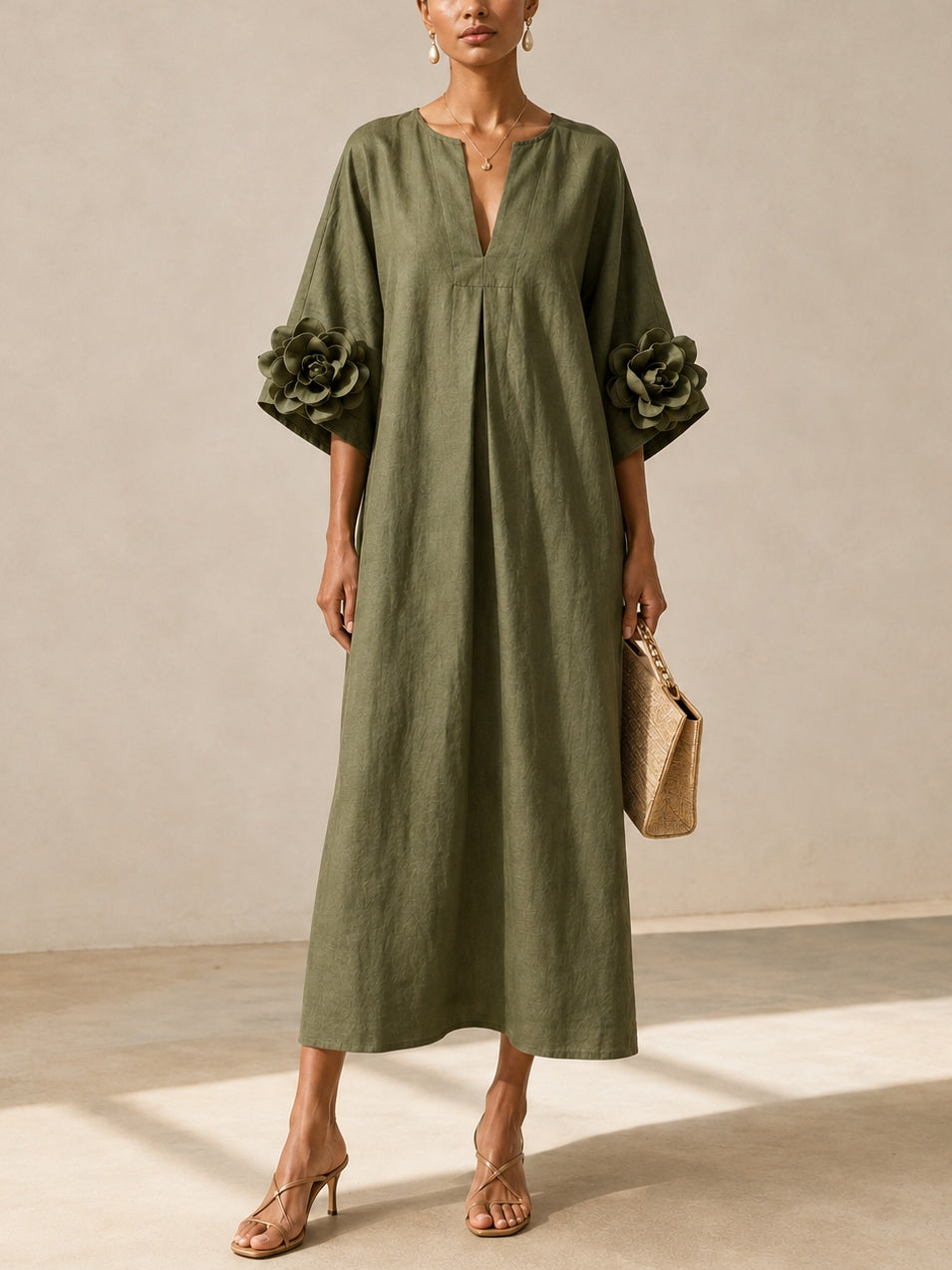 Vestido Verde Oliva Con Escote en V y Mangas Con Estampado Floral Extravagante