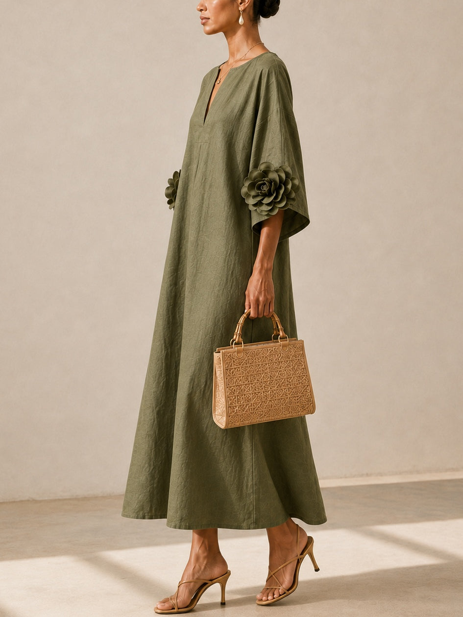 Vestido Verde Oliva Con Escote en V y Mangas Con Estampado Floral Extravagante