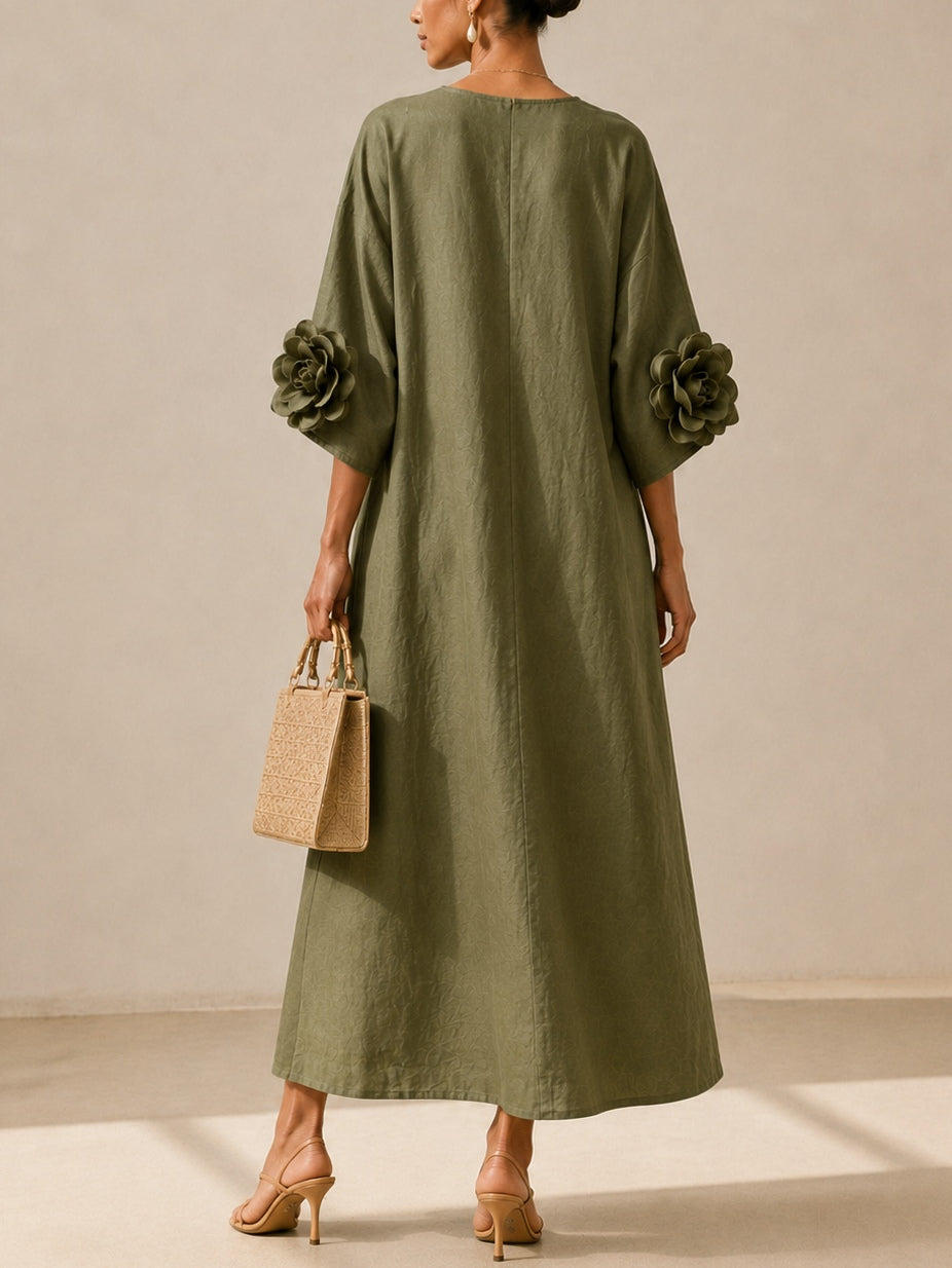 Vestido Verde Oliva Con Escote en V y Mangas Con Estampado Floral Extravagante